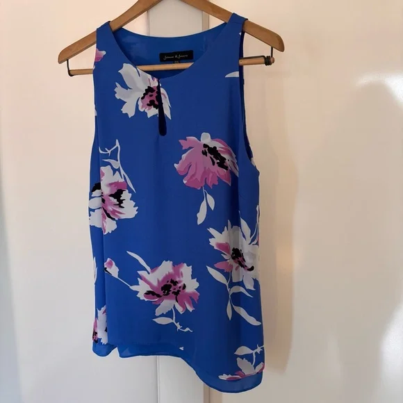 Jasmine & Juliana Blue‎ With Tropical Flowers Top Sleeveless Blouse - Picture 2 of 11